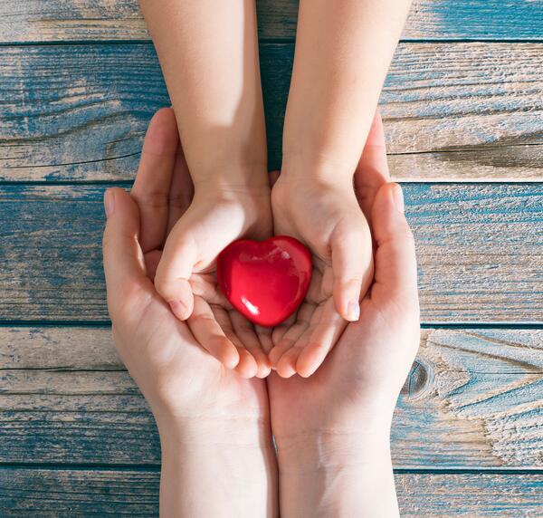 mother and daughter hands are holding red heart. Heart health co