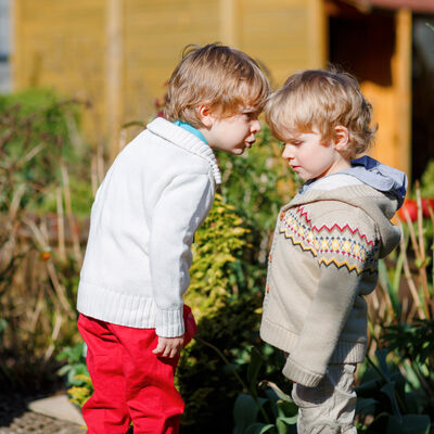 Two little brothers boys fighting and having dispute. Preschool, upset children arguing outdoors. Rivalry and competition betweens siblings. Unhappy twins. One boy crying