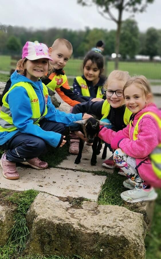 Die Kinder streicheln ein Zicklein