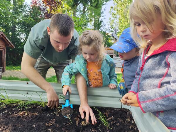 Kinder planzen Jungplanzen ein 