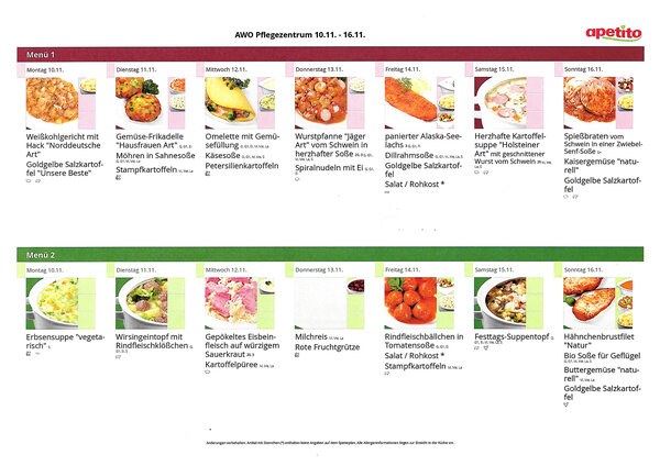 AWO Cafeteria Mittagsmenü 10. bis 16. November 2025