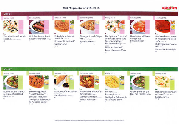 Speiseplan 15 bis 21 Dezember